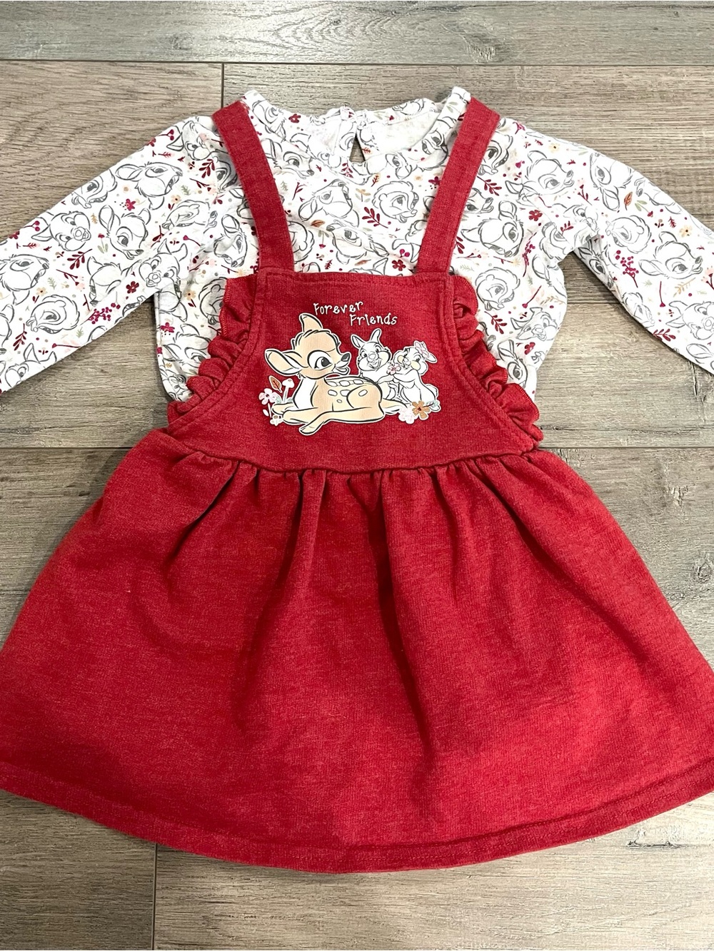 Disney Red Bambi and Friends Pinafore Overall Dress and Long Sleeve